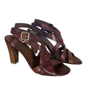 Franco Sarto Sandals Women's Typhoon Ankle Strappy Brown Leather Heel Brown- 5.5